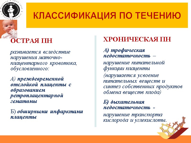 КЛАССИФИКАЦИЯ ПО ТЕЧЕНИЮ ОСТРАЯ ПН  развивается вследствие нарушения маточно-плацентарного кровотока, обусловленного:  А)